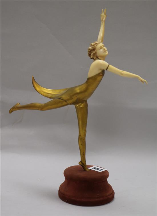 An Art Deco bronze and carved ivory figure Butterfly dancer, by Prof Otto Poertzel width 26cm height 34cm, replacement base